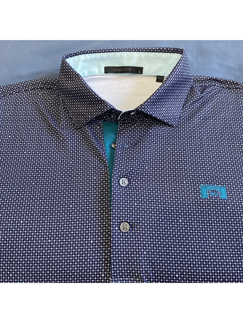 Greyson Geometric Pattern Golf Polo Shirt Size Large Navy Blue Performance